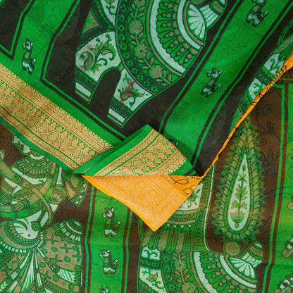 Sanskriti Vintage Sarees Yellow & Green Women Animal Pure Silk Print 5+YD Sari