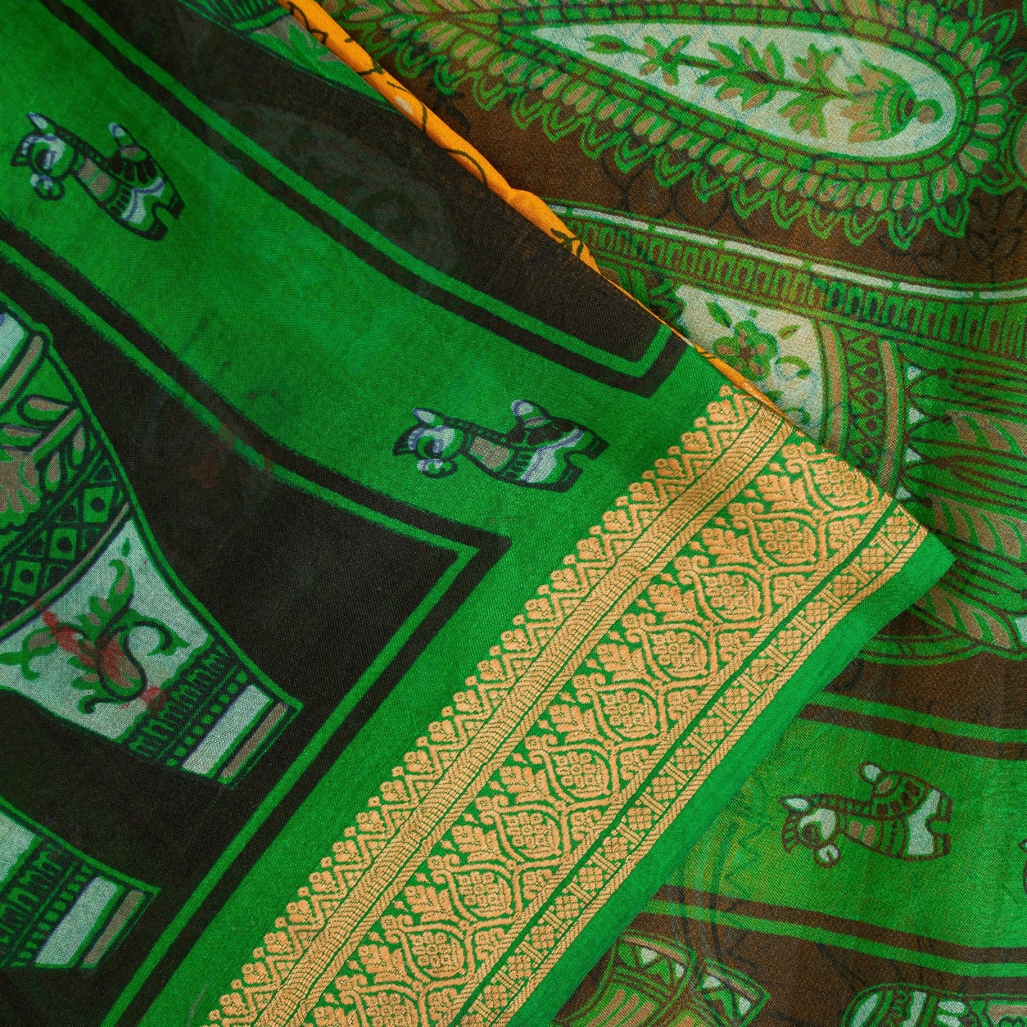 Sanskriti Vintage Sarees Yellow & Green Women Animal Pure Silk Print 5+YD Sari