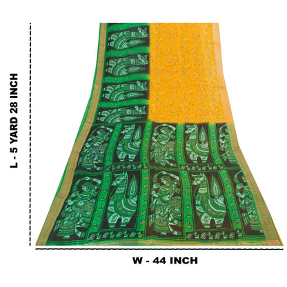 Sanskriti Vintage Sarees Yellow & Green Women Animal Pure Silk Print 5+YD Sari