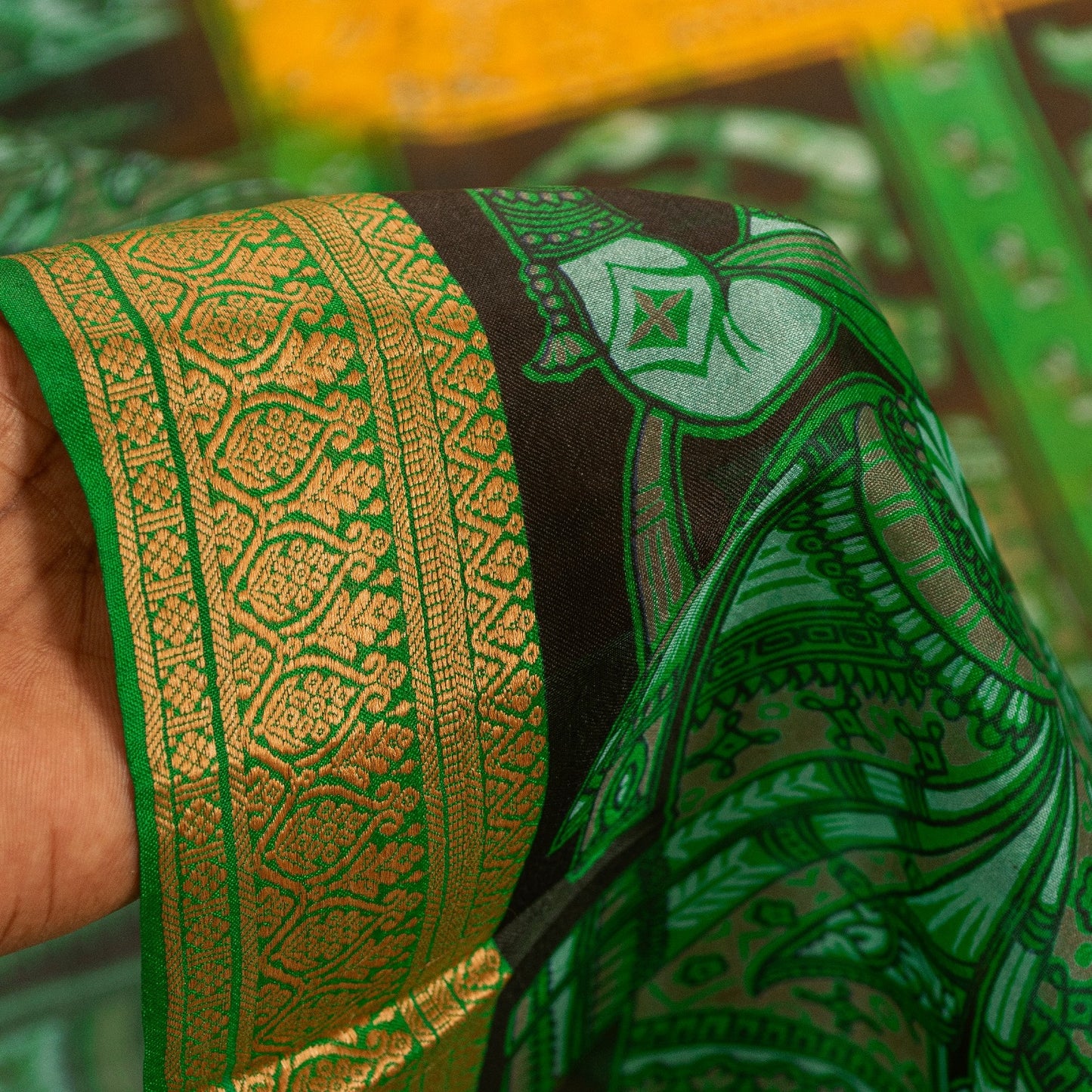 Sanskriti Vintage Sarees Yellow & Green Women Animal Pure Silk Print 5+YD Sari