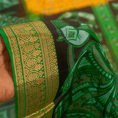 Sanskriti Vintage Sarees Yellow & Green Women Animal Pure Silk Print 5+YD Sari