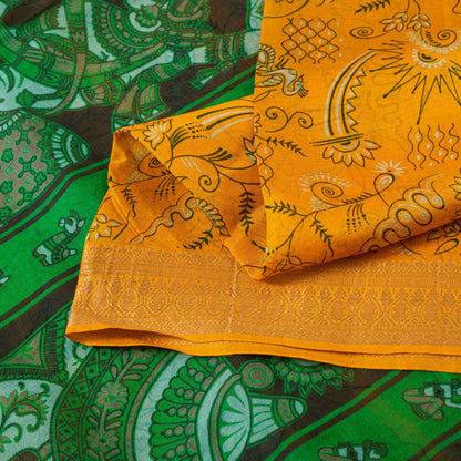 Sanskriti Vintage Sarees Yellow & Green Women Animal Pure Silk Print 5+YD Sari