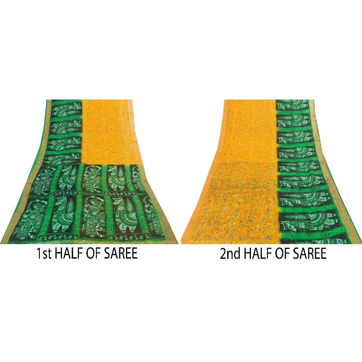 Sanskriti Vintage Sarees Yellow & Green Women Animal Pure Silk Print 5+YD Sari