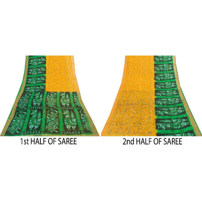 Sanskriti Vintage Sarees Yellow & Green Women Animal Pure Silk Print 5+YD Sari