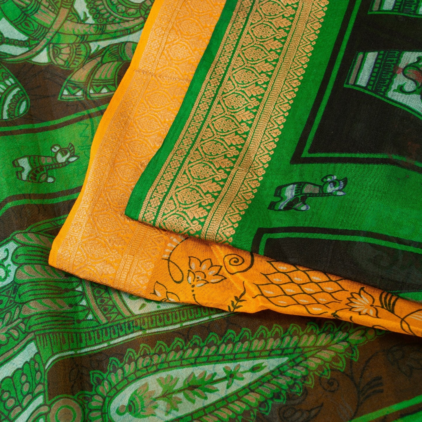 Sanskriti Vintage Sarees Yellow & Green Women Animal Pure Silk Print 5+YD Sari