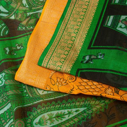 Sanskriti Vintage Sarees Yellow & Green Women Animal Pure Silk Print 5+YD Sari