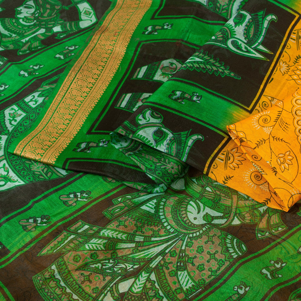 Sanskriti Vintage Sarees Yellow & Green Women Animal Pure Silk Print 5+YD Sari