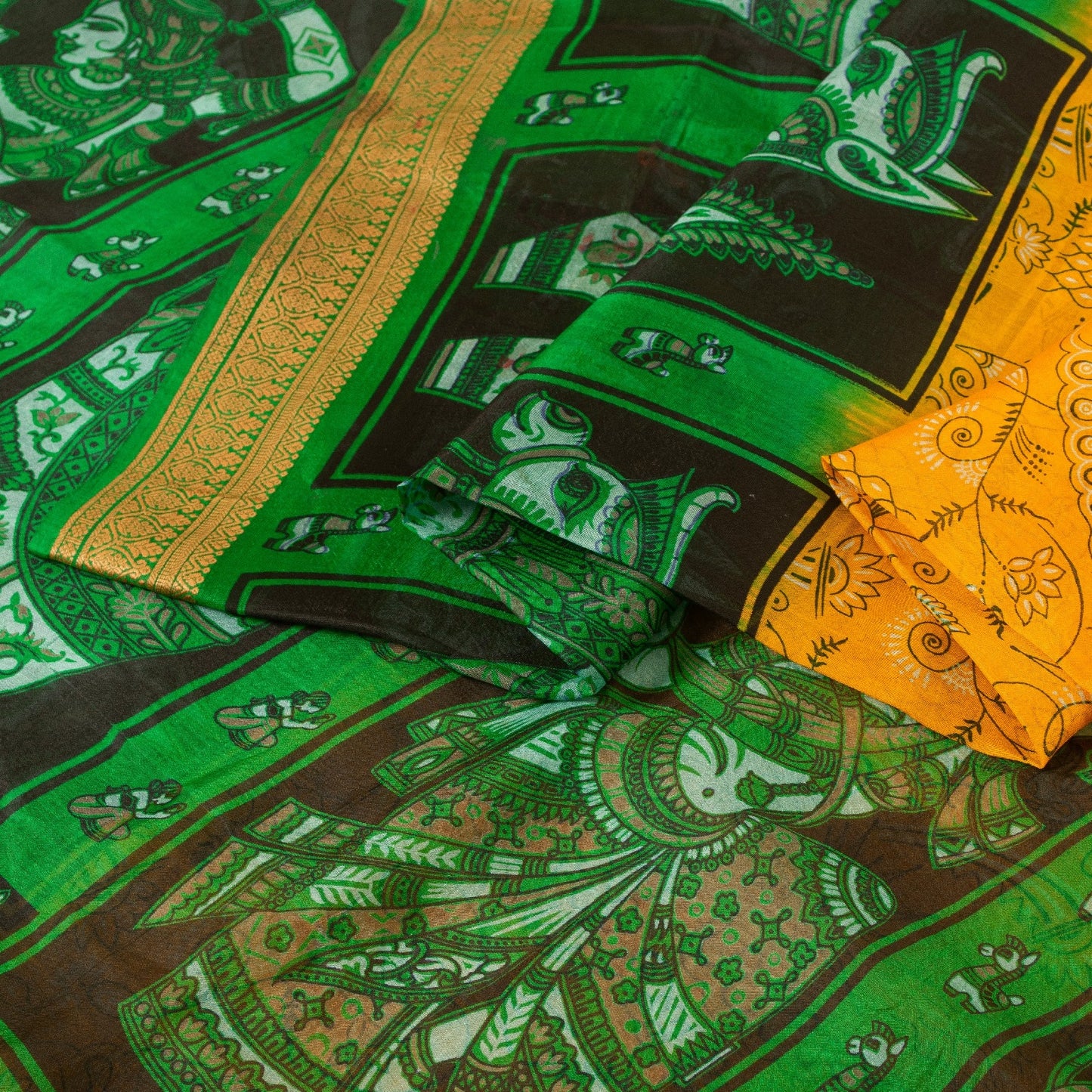 Sanskriti Vintage Sarees Yellow & Green Women Animal Pure Silk Print 5+YD Sari