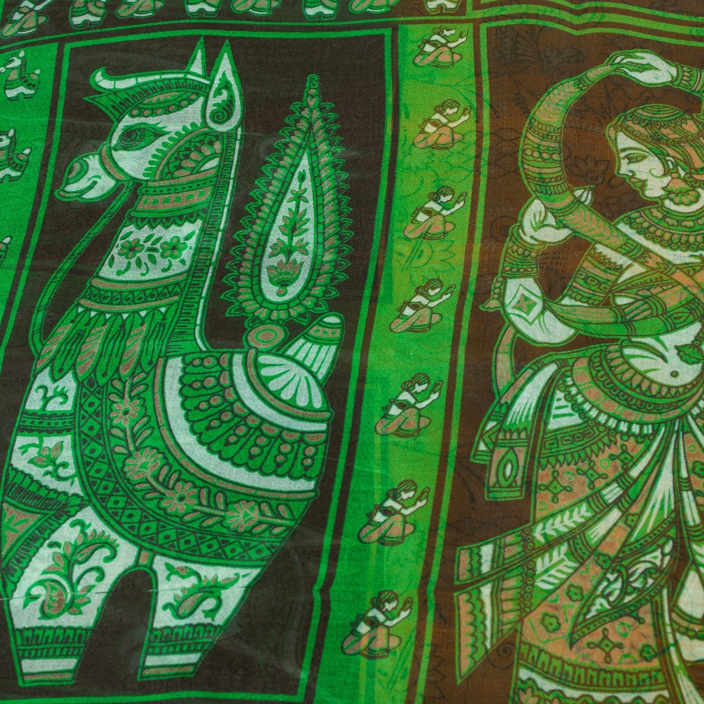 Sanskriti Vintage Sarees Yellow & Green Women Animal Pure Silk Print 5+YD Sari