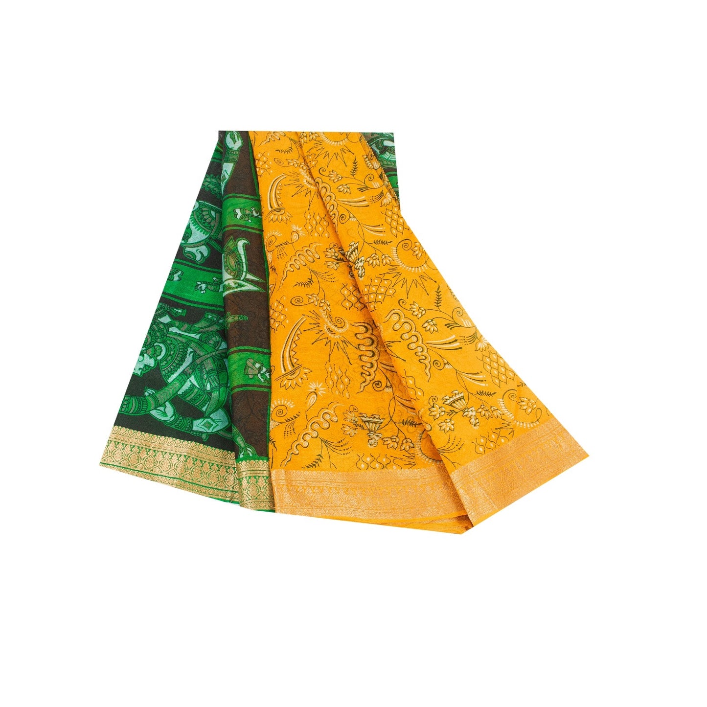 Sanskriti Vintage Sarees Yellow & Green Women Animal Pure Silk Print 5+YD Sari