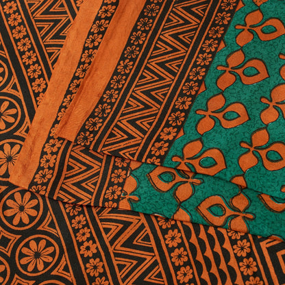Sanskriti Vintage Saree Green & Brown 100% Pure Silk Saree Floral Geometric Print 5.5+Yd Quilting Felting Fabric For Crafting, Upcycling