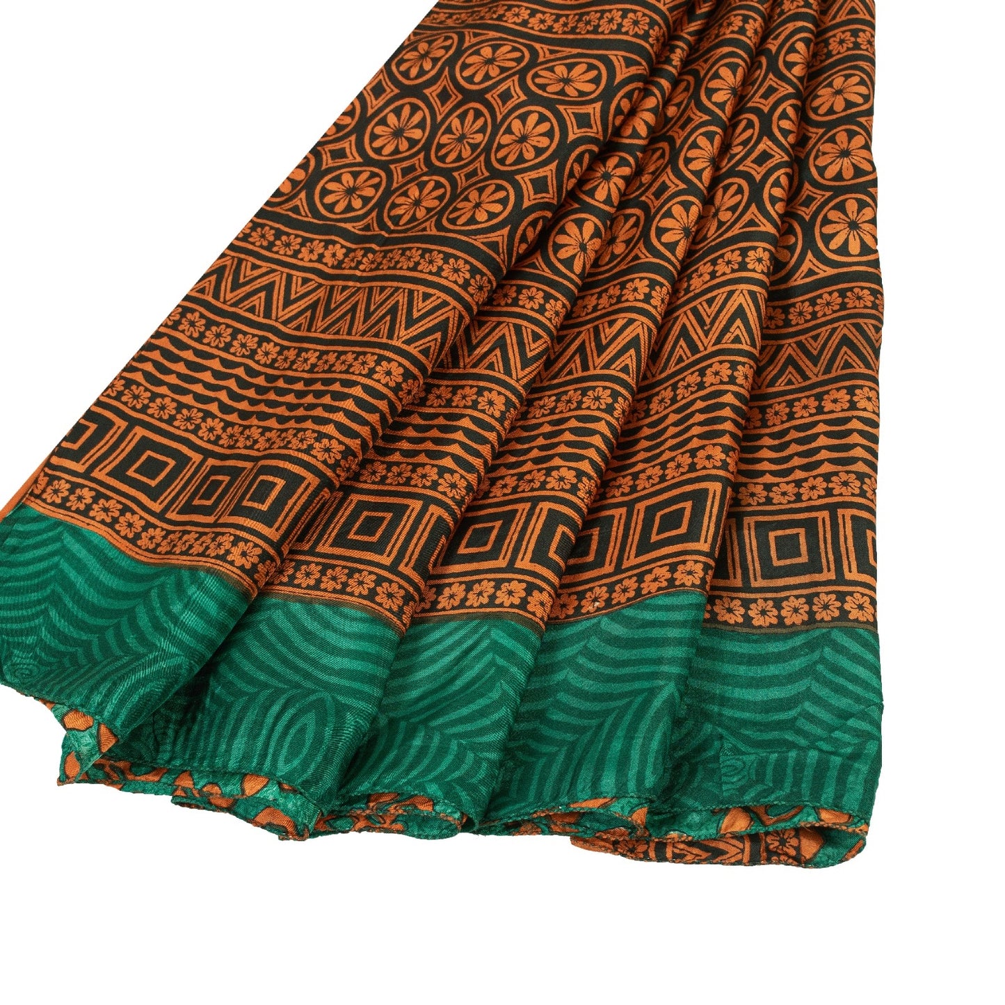 Sanskriti Vintage Saree Green & Brown 100% Pure Silk Saree Floral Geometric Print 5.5+Yd Quilting Felting Fabric For Crafting, Upcycling