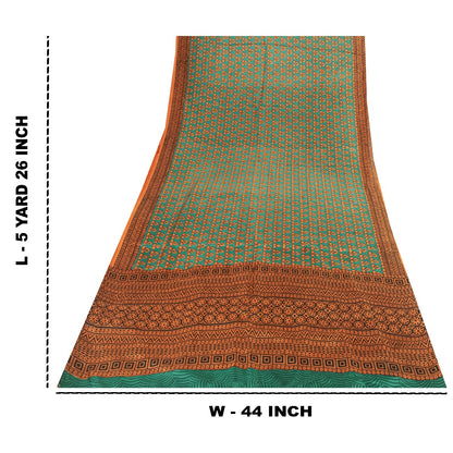 Sanskriti Vintage Saree Green & Brown 100% Pure Silk Saree Floral Geometric Print 5.5+Yd Quilting Felting Fabric For Crafting, Upcycling