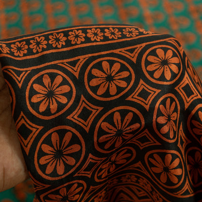 Sanskriti Vintage Saree Green & Brown 100% Pure Silk Saree Floral Geometric Print 5.5+Yd Quilting Felting Fabric For Crafting, Upcycling