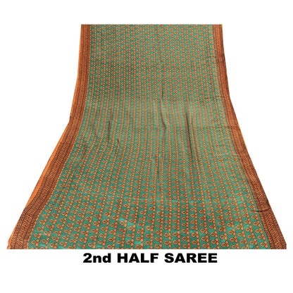 Sanskriti Vintage Saree Green & Brown 100% Pure Silk Saree Floral Geometric Print 5.5+Yd Quilting Felting Fabric For Crafting, Upcycling