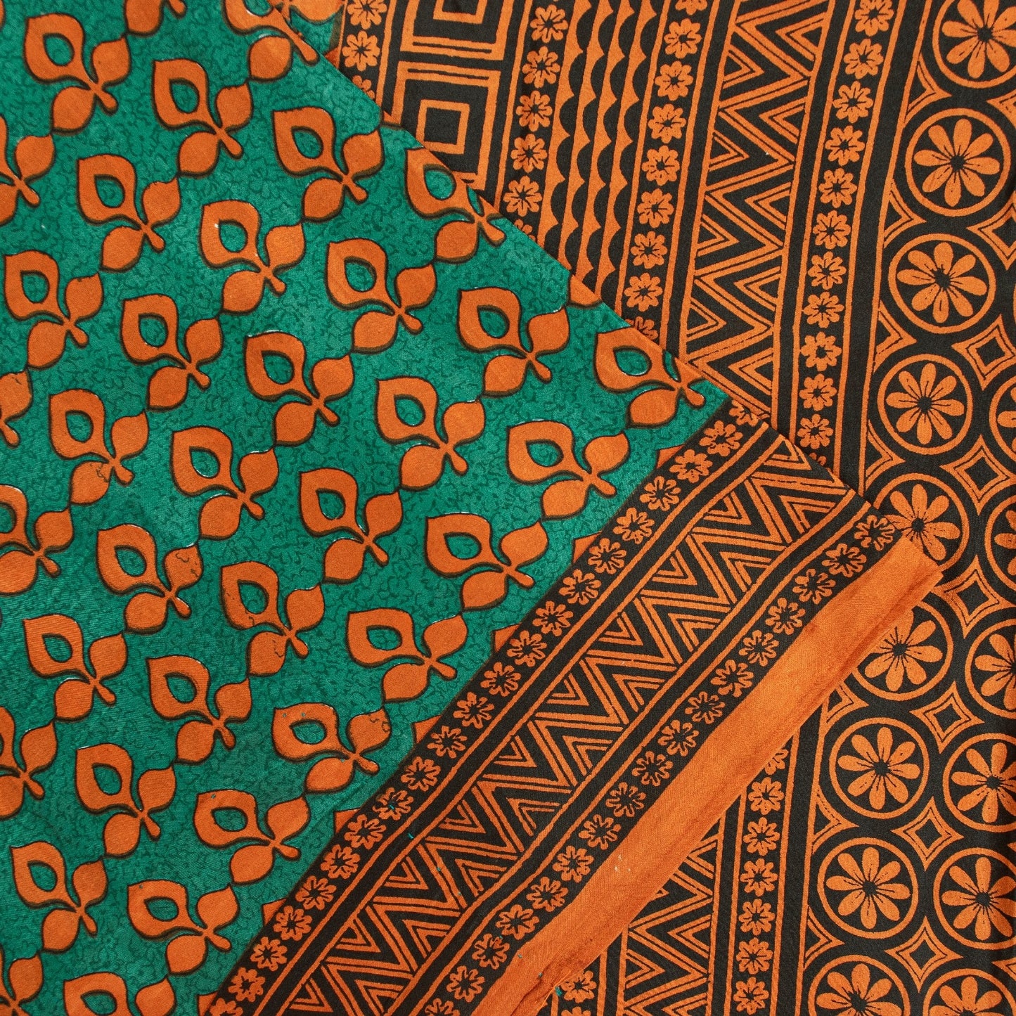 Sanskriti Vintage Saree Green & Brown 100% Pure Silk Saree Floral Geometric Print 5.5+Yd Quilting Felting Fabric For Crafting, Upcycling