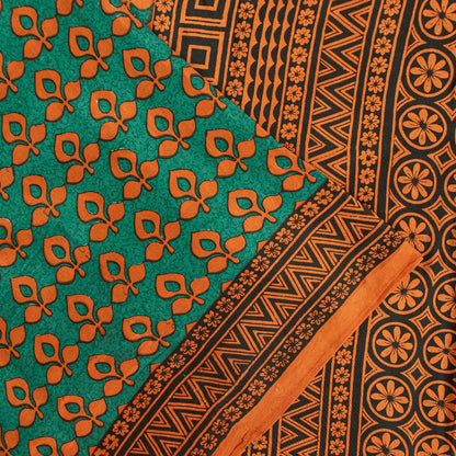Sanskriti Vintage Saree Green & Brown 100% Pure Silk Saree Floral Geometric Print 5.5+Yd Quilting Felting Fabric For Crafting, Upcycling