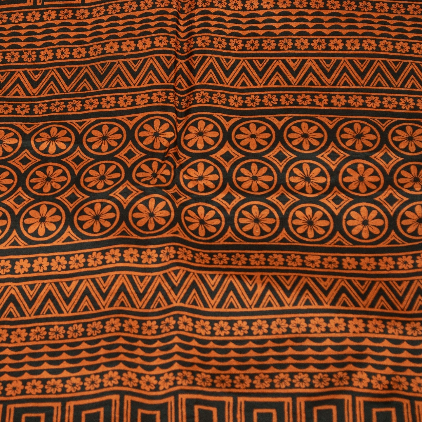 Sanskriti Vintage Saree Green & Brown 100% Pure Silk Saree Floral Geometric Print 5.5+Yd Quilting Felting Fabric For Crafting, Upcycling