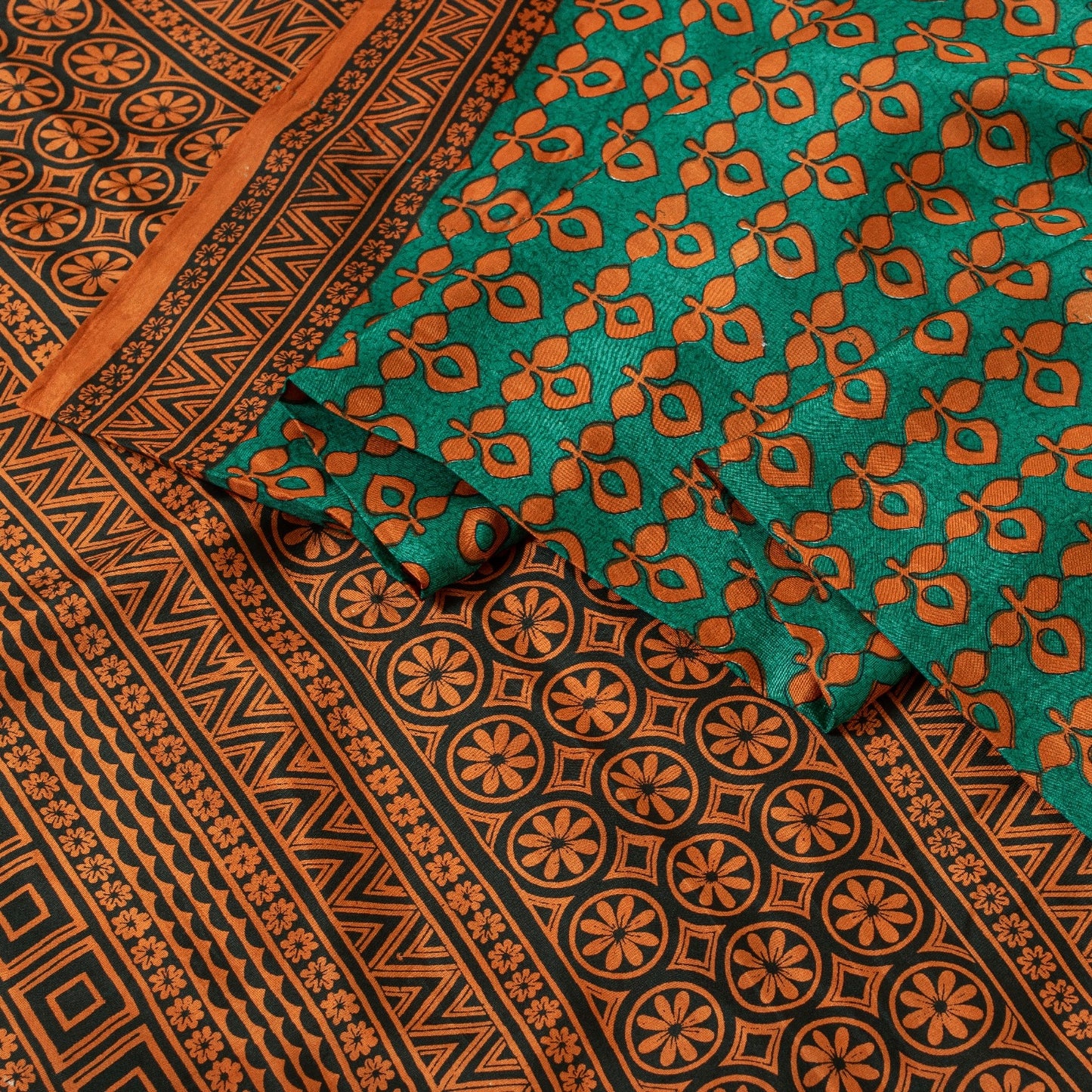 Sanskriti Vintage Saree Green & Brown 100% Pure Silk Saree Floral Geometric Print 5.5+Yd Quilting Felting Fabric For Crafting, Upcycling