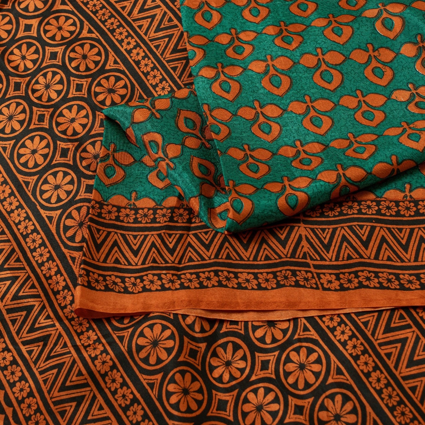 Sanskriti Vintage Saree Green & Brown 100% Pure Silk Saree Floral Geometric Print 5.5+Yd Quilting Felting Fabric For Crafting, Upcycling