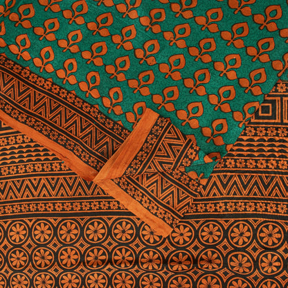Sanskriti Vintage Saree Green & Brown 100% Pure Silk Saree Floral Geometric Print 5.5+Yd Quilting Felting Fabric For Crafting, Upcycling