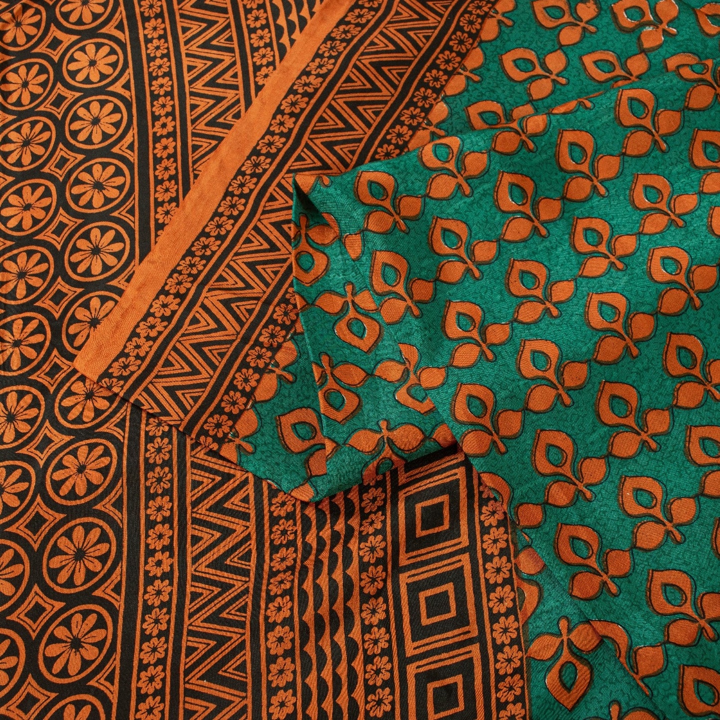Sanskriti Vintage Saree Green & Brown 100% Pure Silk Saree Floral Geometric Print 5.5+Yd Quilting Felting Fabric For Crafting, Upcycling