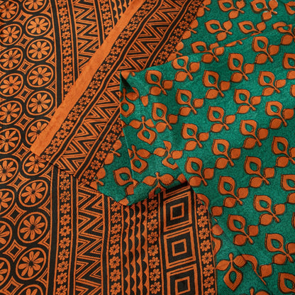 Sanskriti Vintage Saree Green & Brown 100% Pure Silk Saree Floral Geometric Print 5.5+Yd Quilting Felting Fabric For Crafting, Upcycling