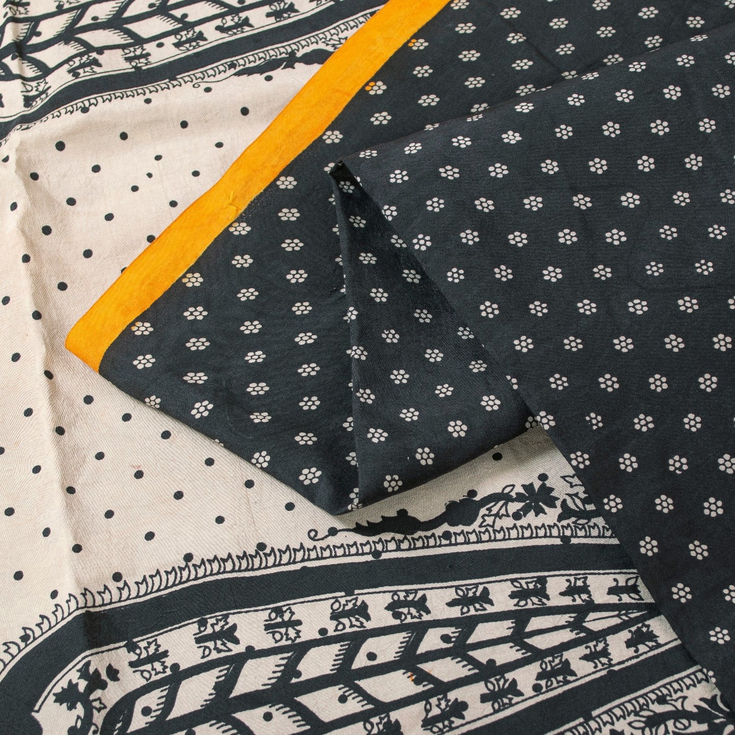 Sanskriti Vintage Sarees Black Pure Silk Circle Print 5+YD Sustainable CraftSari