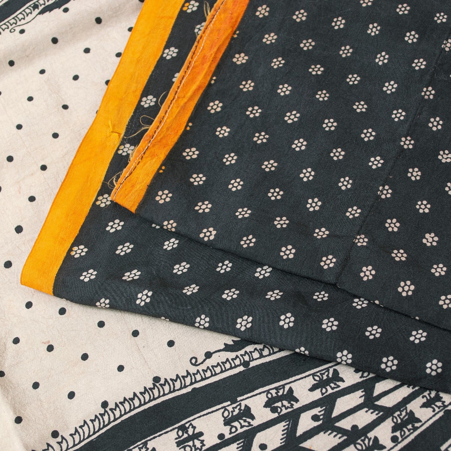 Sanskriti Vintage Sarees Black Pure Silk Circle Print 5+YD Sustainable CraftSari