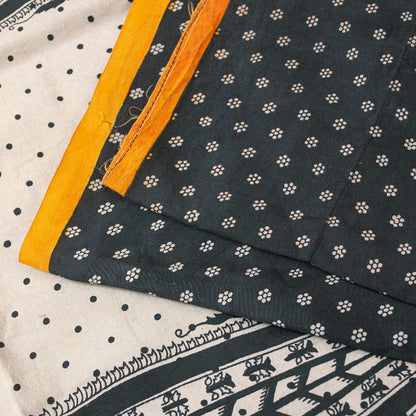 Sanskriti Vintage Sarees Black Pure Silk Circle Print 5+YD Sustainable CraftSari