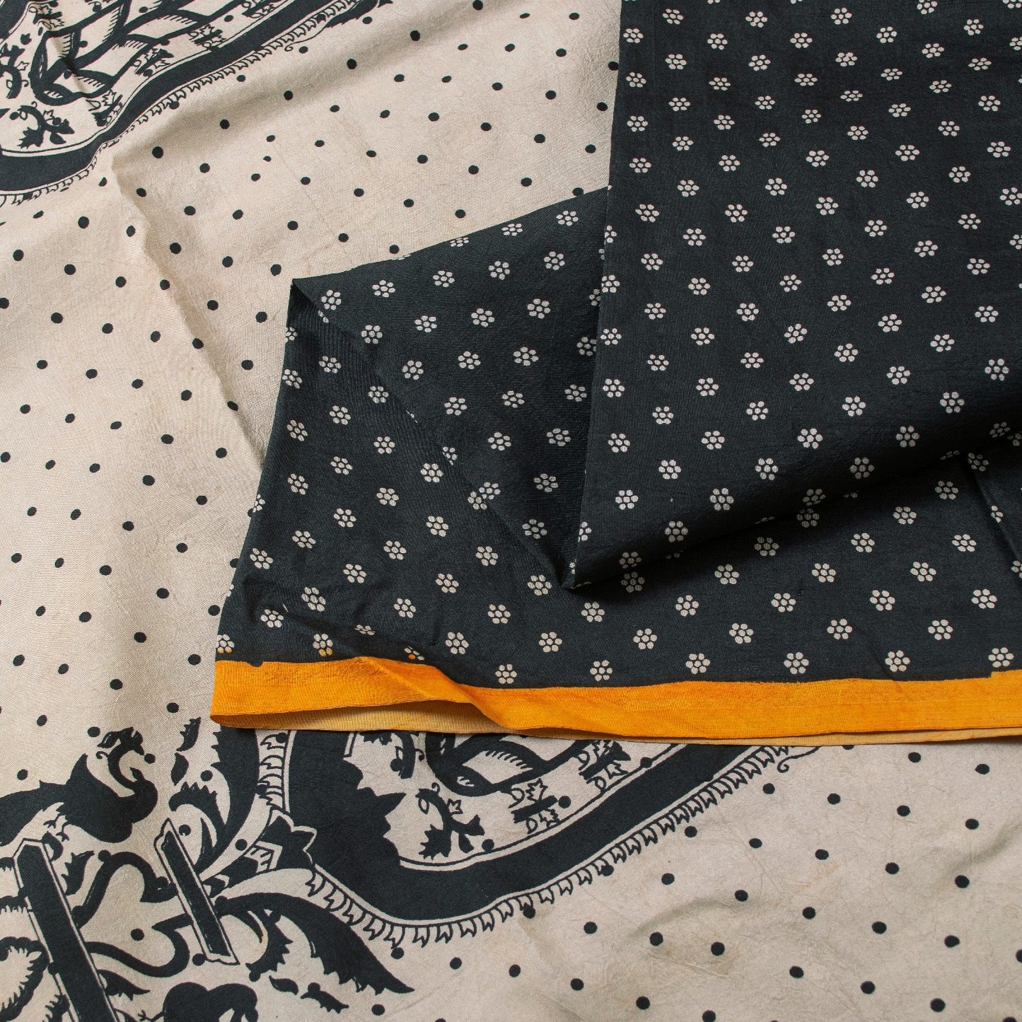 Sanskriti Vintage Sarees Black Pure Silk Circle Print 5+YD Sustainable CraftSari