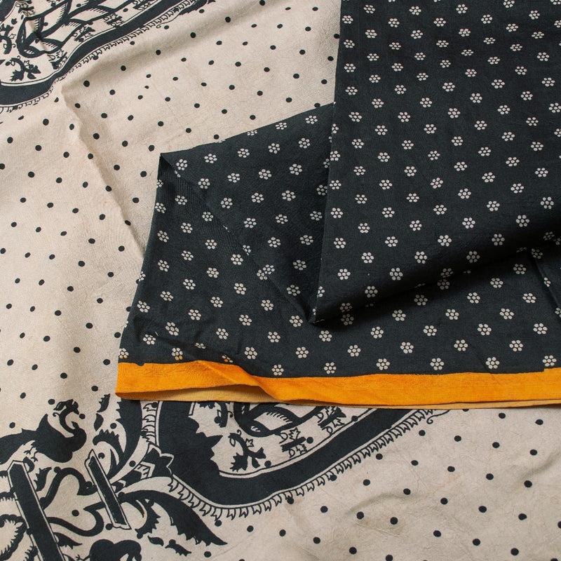 Sanskriti Vintage Sarees Black Pure Silk Circle Print 5+YD Sustainable CraftSari