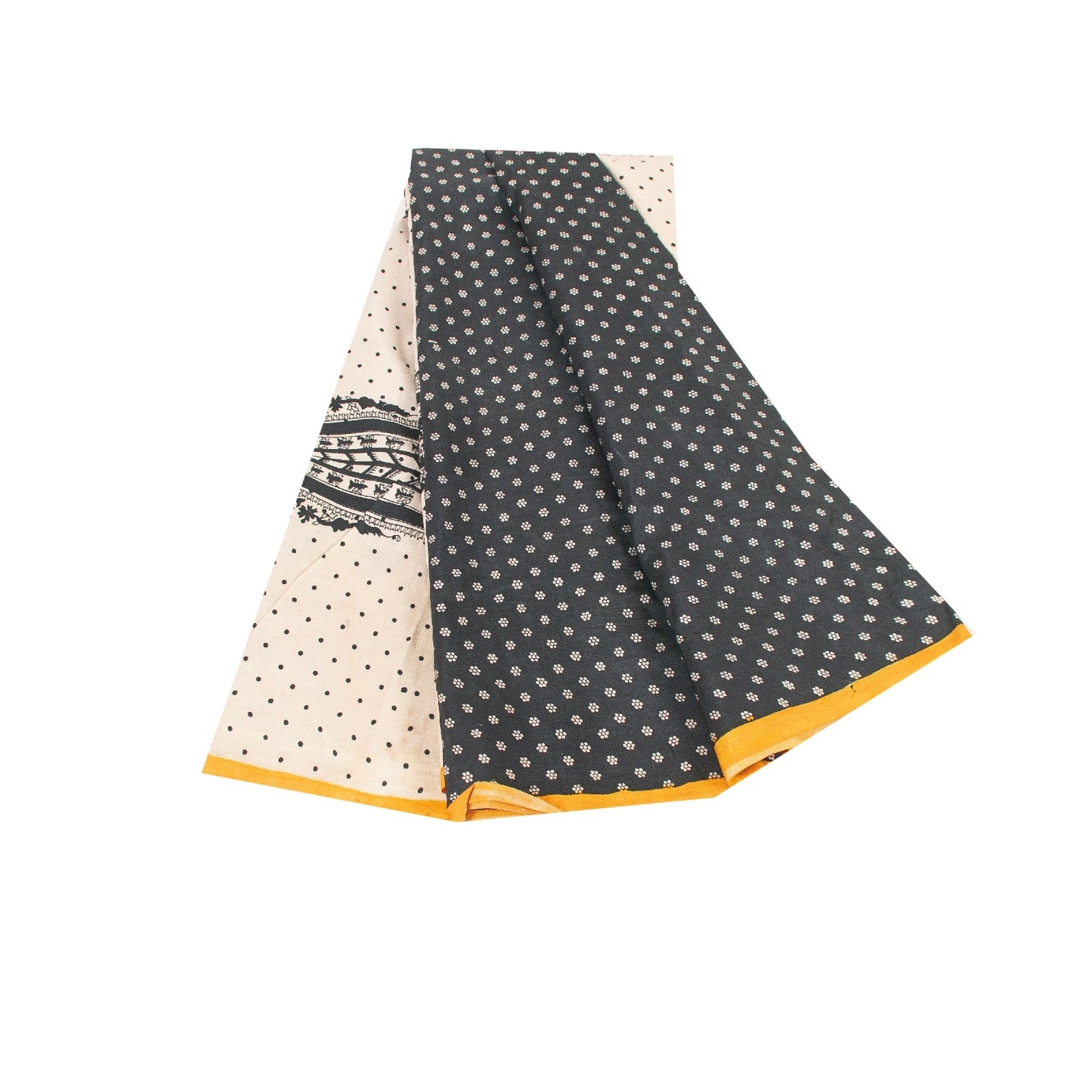 Sanskriti Vintage Sarees Black Pure Silk Circle Print 5+YD Sustainable CraftSari