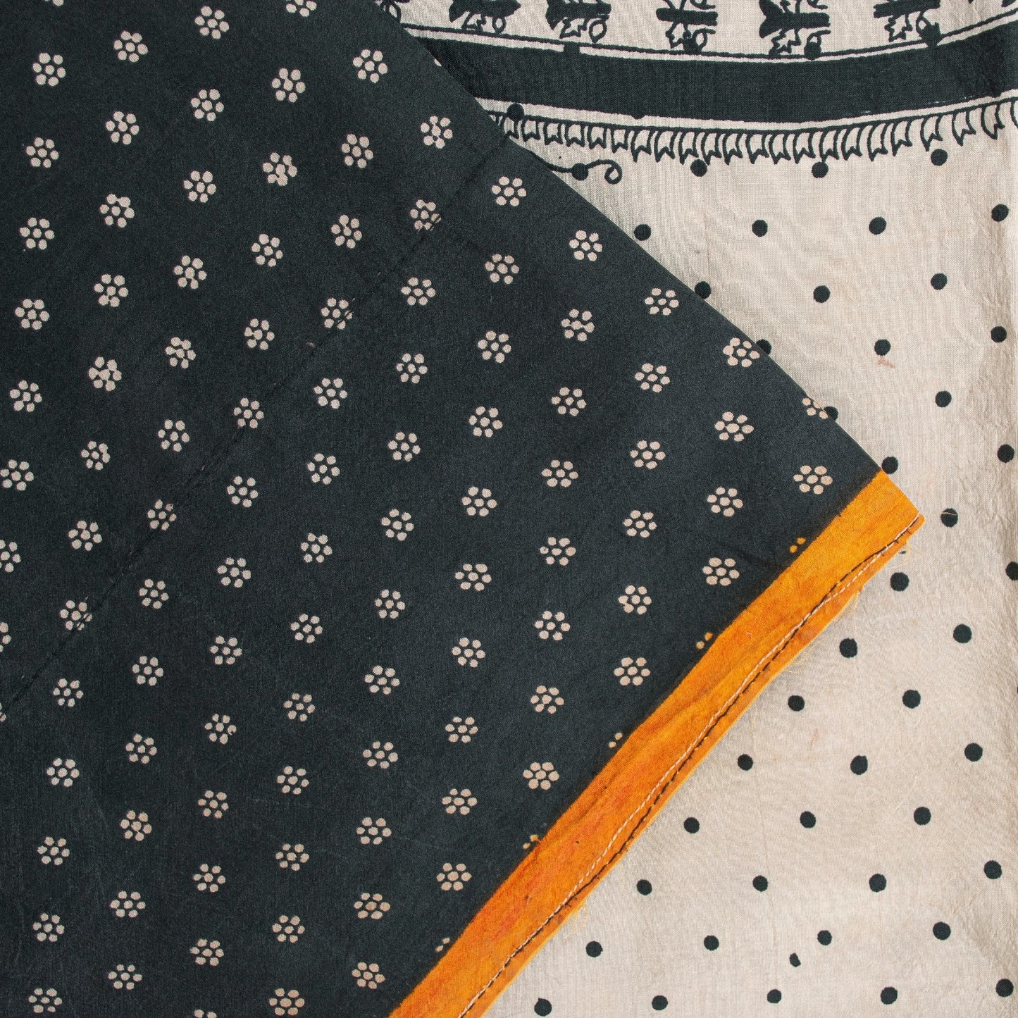 Sanskriti Vintage Sarees Black Pure Silk Circle Print 5+YD Sustainable CraftSari