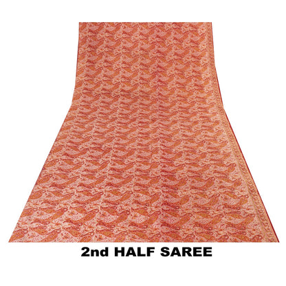 Sanskriti Vintage Sarees Red Pure Silk Paisley Print 5+YD Eco-Friendly Fabric
