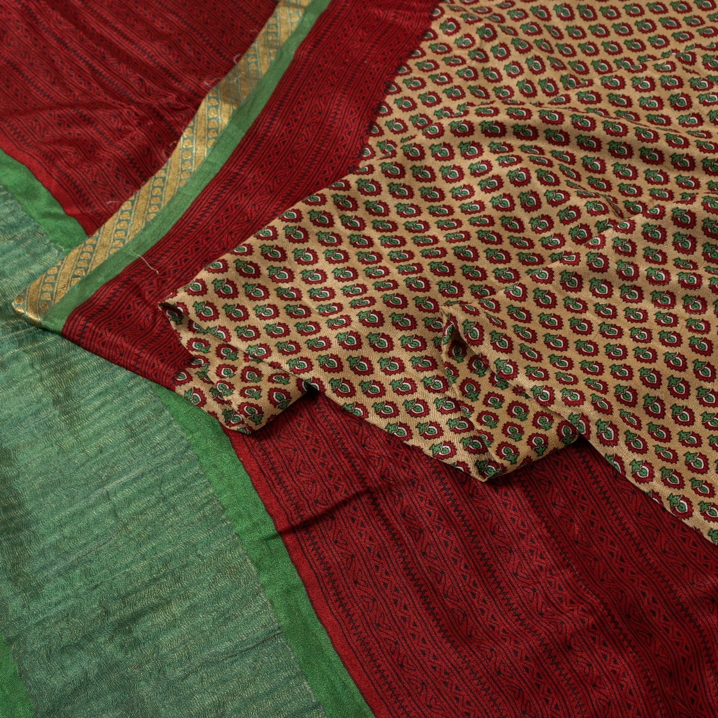 Sanskriti Vintage Sarees Cream 100% Pure Silk Floral Print Zari Border 5+YD Sari