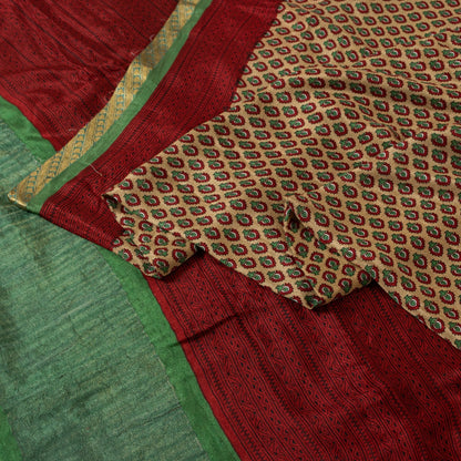Sanskriti Vintage Sarees Cream 100% Pure Silk Floral Print Zari Border 5+YD Sari