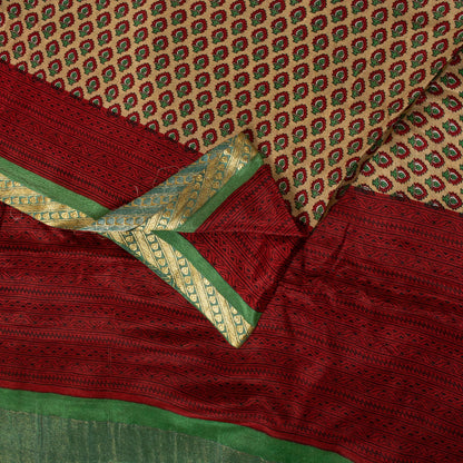 Sanskriti Vintage Sarees Cream 100% Pure Silk Floral Print Zari Border 5+YD Sari