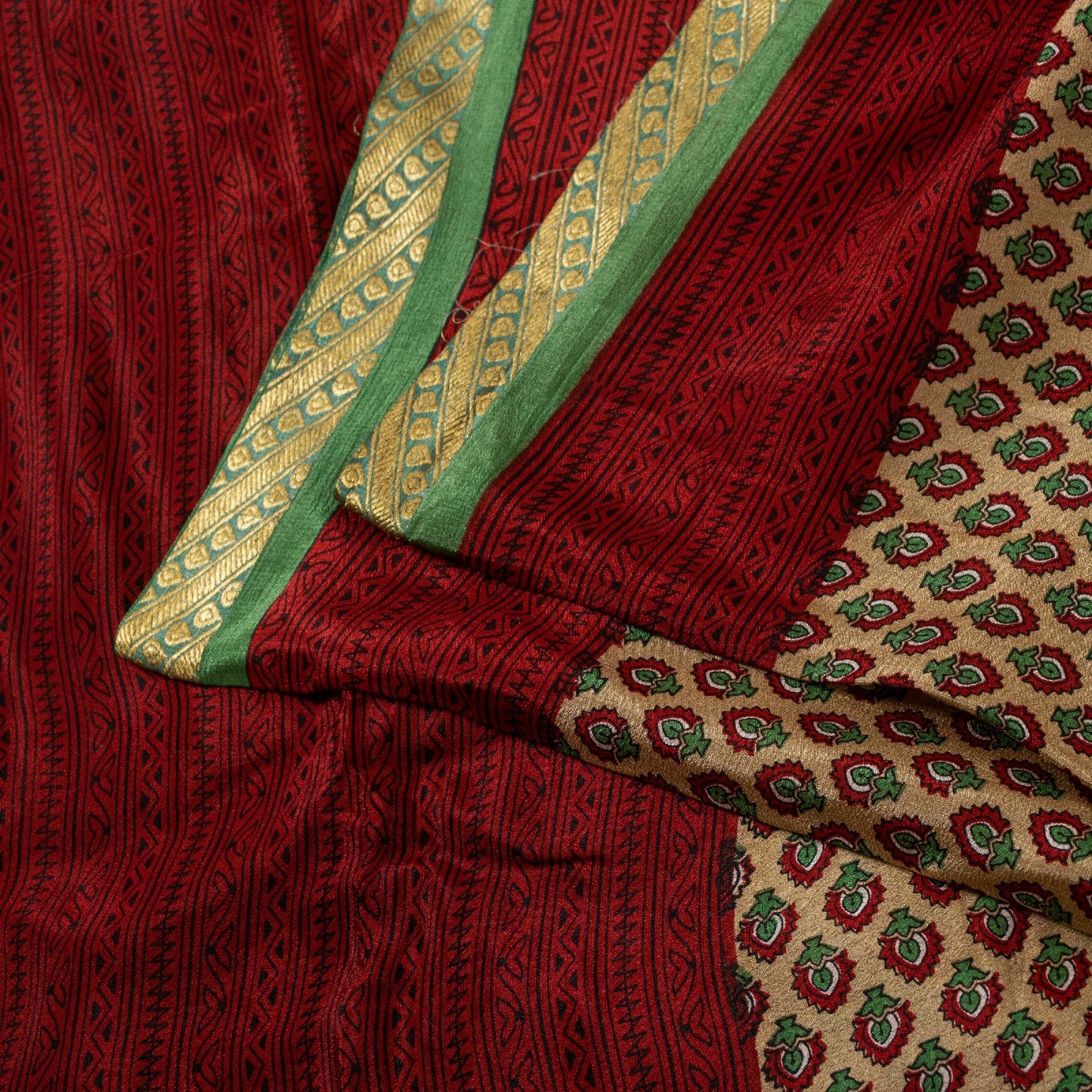 Sanskriti Vintage Sarees Cream 100% Pure Silk Floral Print Zari Border 5+YD Sari