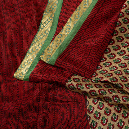 Sanskriti Vintage Sarees Cream 100% Pure Silk Floral Print Zari Border 5+YD Sari
