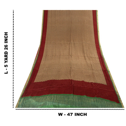 Sanskriti Vintage Sarees Cream 100% Pure Silk Floral Print Zari Border 5+YD Sari