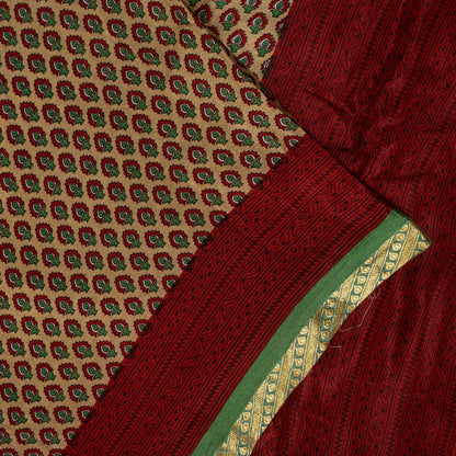 Sanskriti Vintage Sarees Cream 100% Pure Silk Floral Print Zari Border 5+YD Sari