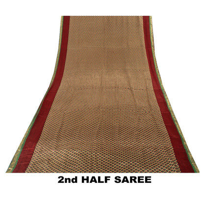 Sanskriti Vintage Sarees Cream 100% Pure Silk Floral Print Zari Border 5+YD Sari