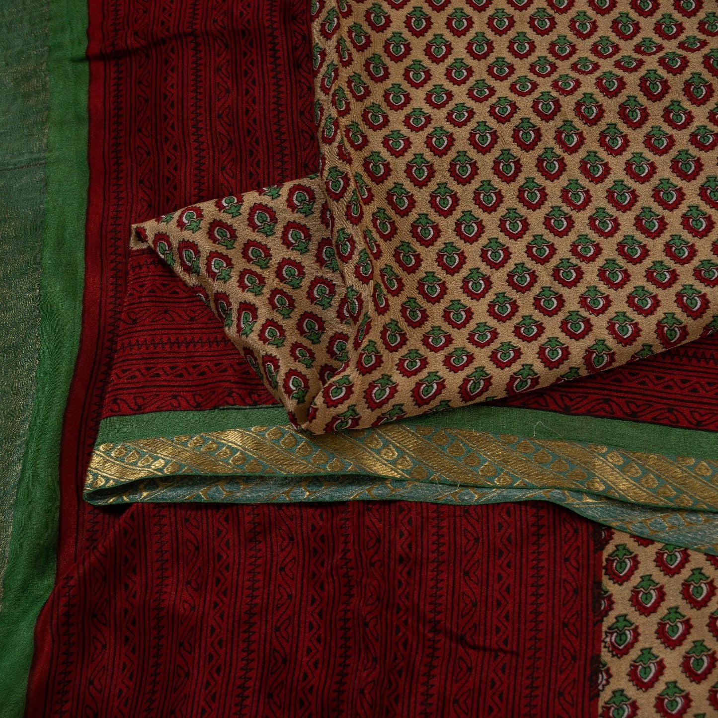 Sanskriti Vintage Sarees Cream 100% Pure Silk Floral Print Zari Border 5+YD Sari
