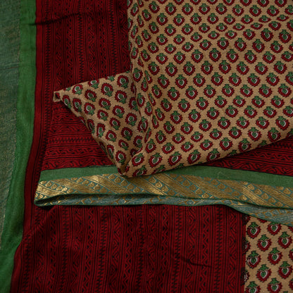 Sanskriti Vintage Sarees Cream 100% Pure Silk Floral Print Zari Border 5+YD Sari