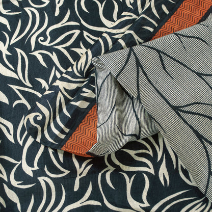 Sanskriti Vintage Sarees Ivory & Black Pure Silk Stem Print 5+YD Sari Bohemian