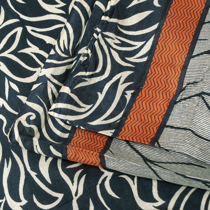 Sanskriti Vintage Sarees Ivory & Black Pure Silk Stem Print 5+YD Sari Bohemian