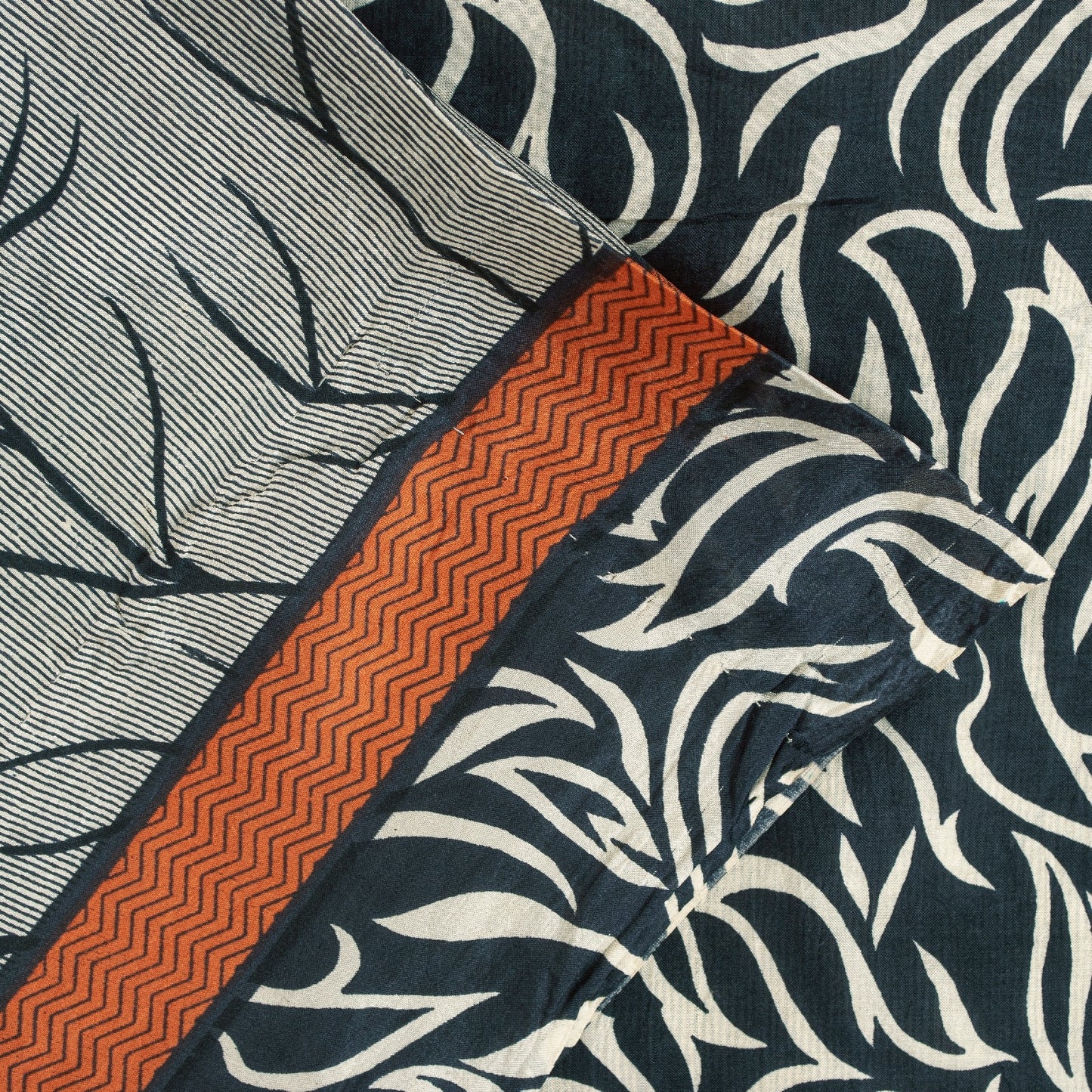 Sanskriti Vintage Sarees Ivory & Black Pure Silk Stem Print 5+YD Sari Bohemian