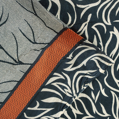 Sanskriti Vintage Sarees Ivory & Black Pure Silk Stem Print 5+YD Sari Bohemian