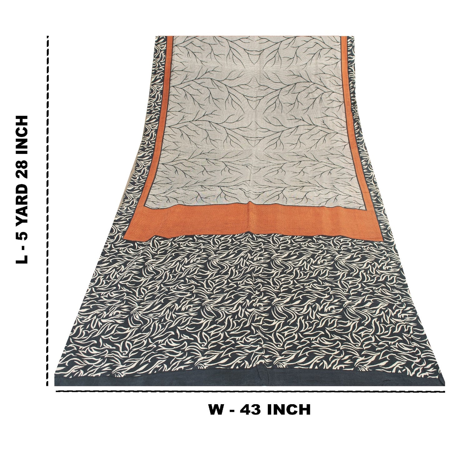 Sanskriti Vintage Sarees Ivory & Black Pure Silk Stem Print 5+YD Sari Bohemian